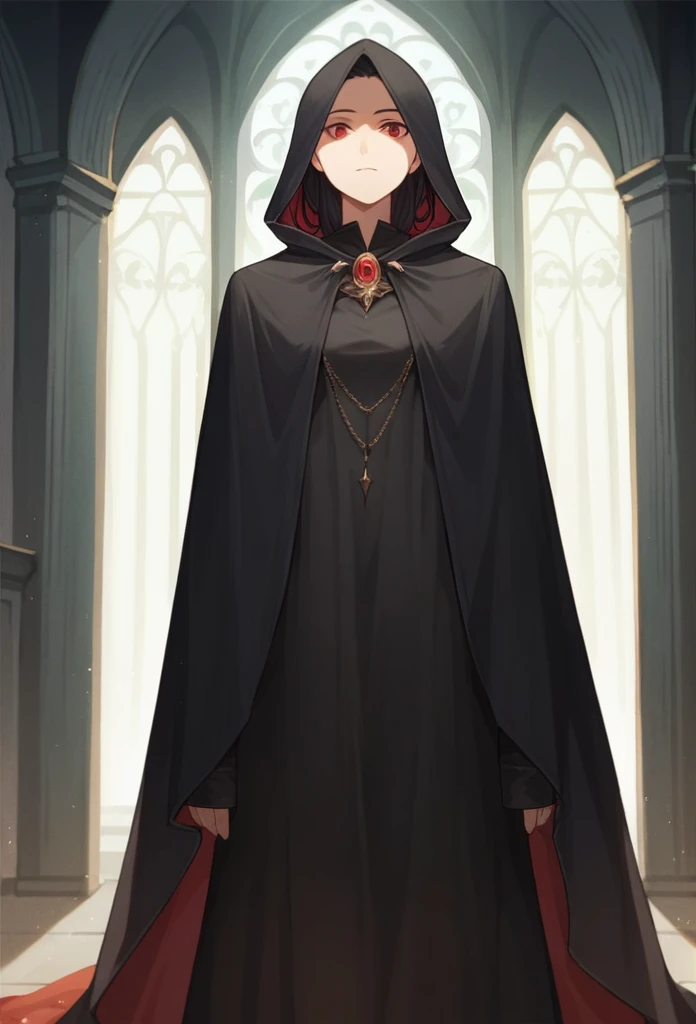 , 1girl, solo, black hair, red eyes, long cape sleeves, sleeves covered hands, no hands, dress, long cape, cape, black cloak, hood up, black robe, hooded cloak, masterpiece, best quality, rooms, standing