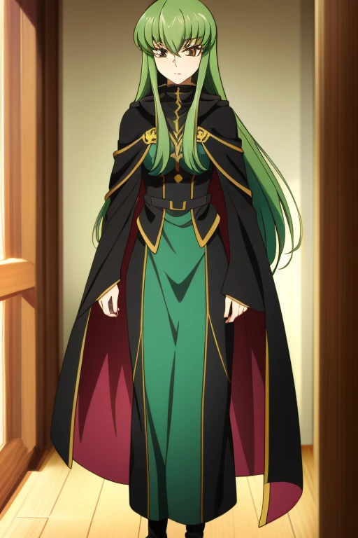 cc_codegeass, hair between eyes, green hair, very long hair,  long cape sleeves, sleeves covered hands, no hands, dress, long ca...