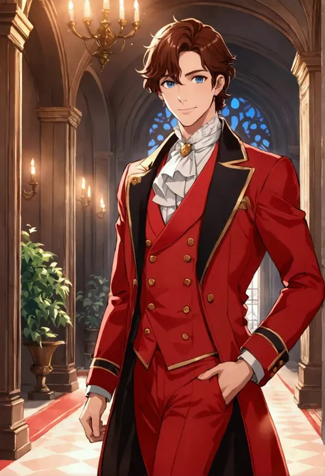 Handsome Prince in Elegant Red Clothes,pants, Red coat Red, brown hair,blue eyes, cheerful and kind character good ,anime cartoon style