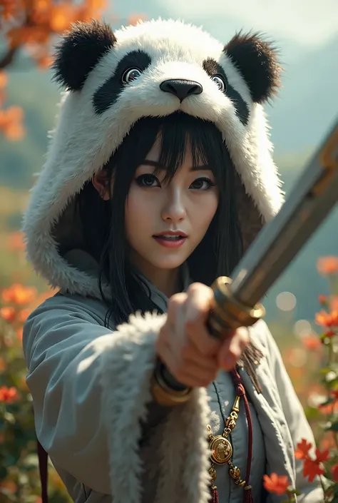 beautiful woman facing the camera black hair asian eyes, wearing a black and white panda hood holding a gleaming sword silver and gold Masterpiece, wit a cute panda bear in the background, best quality, high quality, highly detailed CG unity 8k wallpaper b...