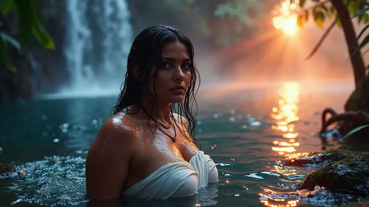 young thick indrani haldar with mature saggy breasts, a thin wet white saree wrapped around her body, bathing in a beautiful waterfall in the rainforest at golden hour, cinematic soft focus,
