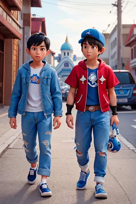 Accurate. 2 Caucasian man is wielding a Keyblade. Kingdom Hearts 3 art style. Filipino man is wearing a blue jacket with a Mickey Mouse logo on his left chest, Oversized Jeans, Blue shoes, and blue cap with a Mickey Mouse logo on it. Filipino man has tan s...