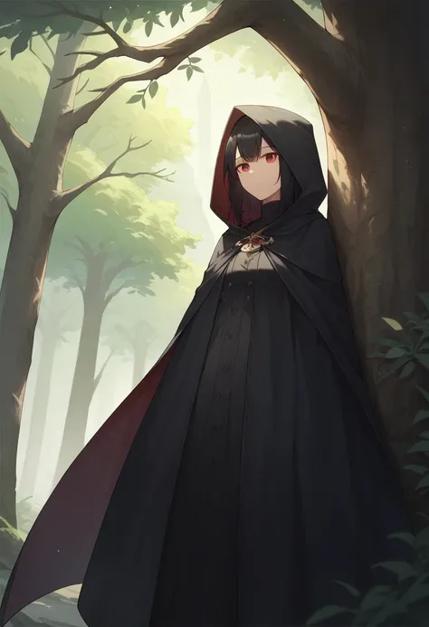 , 1girl, solo, black hair, red eyes, long cape sleeves, sleeves covered hands, no hands, dress, long cape, cape, black cloak, hood up, black robe, hooded cloak, masterpiece, best quality, , standing, under tree, outside