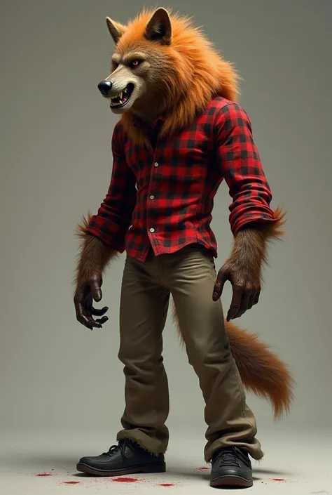 Create an image of a werewolf with orange and brown fur and hair, Red long sleeve shirt with black checks, pants (that covers up to the heel) AND BLACK SHOES (height of an average human, without so many muscles, without so much hair, without accessories, w...