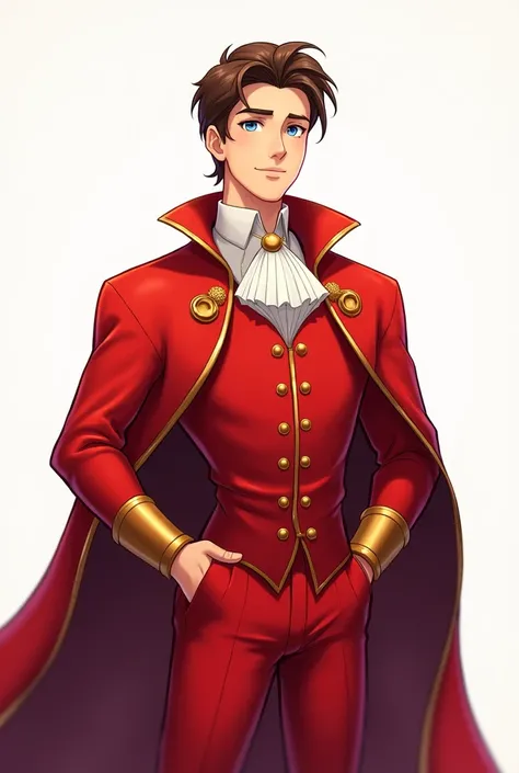 Handsome Prince in Elegant Red Clothes, red pants, Red cape, brown hair, blue eyes character, happy and kind good, anime cartoon style 