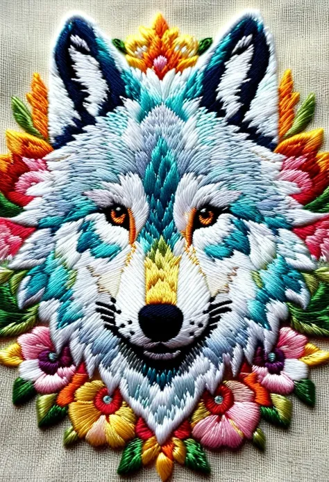 (masterpiece),best quality, ultra detailed, (Absurdres:1.2), cute embroidered wolf, 8k, pastel triadic colors