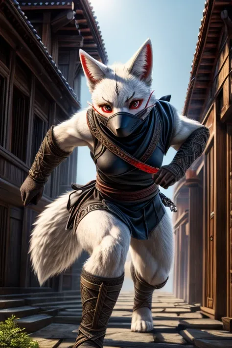 Realistic masterpiece, best high quality, Detalles perfectos, intricate details, pleasant lighting, detailed background, ninja, black outfit, Female white fox with red markings, kemono, Pecho enorme, face mask, ninja action pose, magical fantasy, thick bod...