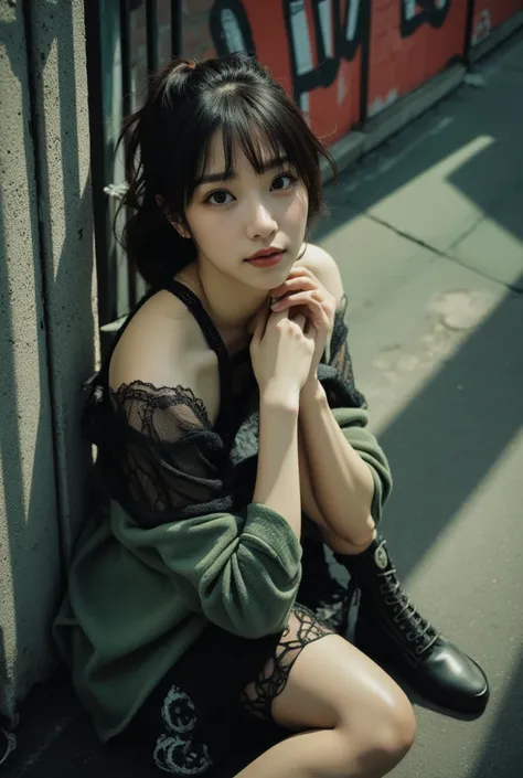 A cinematic film photo shoot in hongkong city street, shot on mamiya R67 with 35mm lens f-1.4, high angle shot from a young pretty JAV idol girl with moody expression and beautiful ayes, sitting and leaning on the concrete fence with graffiti art wall, han...