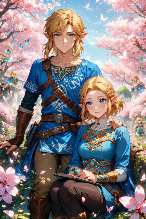 absurdres, highres, ultra detailed, HDR, master piece, best quality, extremely detailed, detailed eyes, detailed face, Link, blonde hair, expressive blue eyes, The Legend Of Zelda Breath Of The Wild, Zelda, blonde hair, expressive blue eyes, handsome man t...