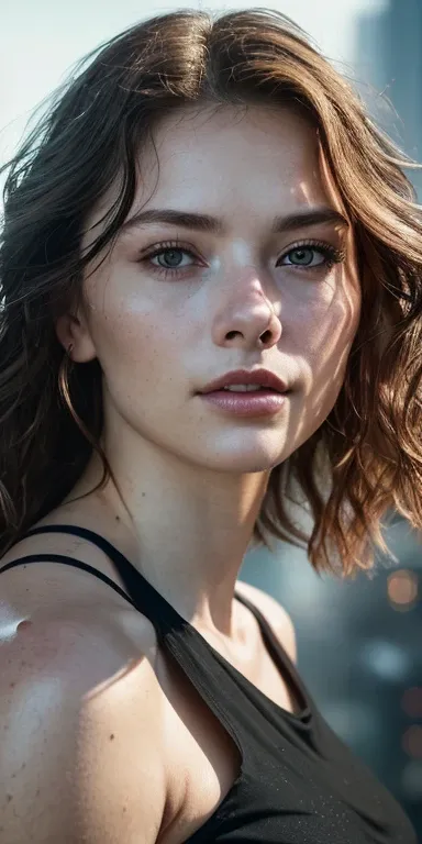 Full face portrait photo of 2 European girl, RAW, beautiful woman, semi-open strawberry lip, dimples, wistful expression, (brown hair with extra long wavy), ((detailed face)), ((detailed facial featureine detailed skin), pale skin, cyberpunk megacity envir...