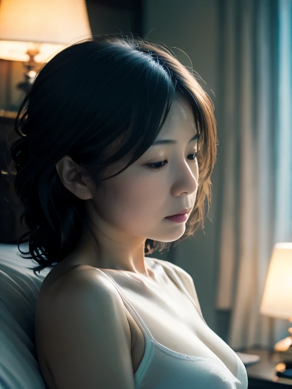 Cinematic colors, Beautiful Japanese Women, (Best Quality, Super detailed), Feminine lighting, Small face、Waking up、Messy, bed-headed hair, Wearing only a transparent white shirt and panties, Delicate features, Dreamy atmosphere、Bedroom
