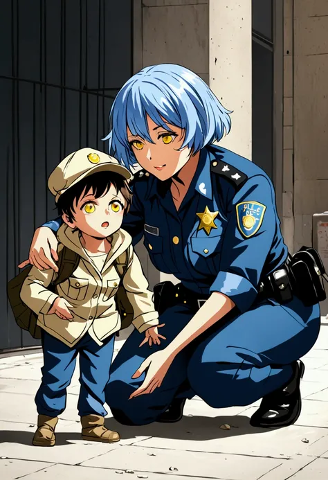 Female police officer with short blue hair and yellow eyes playing with a homeless child in the city center, Female police officer, beggar child, DIRTY CHILD, female military police officer.