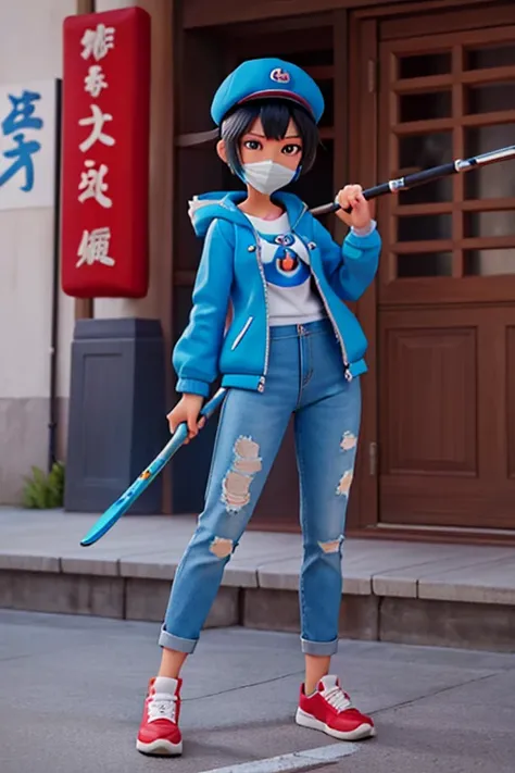 Accurate. 2 Chinese woman is wielding a Keyblade. Kingdom Hearts 3 art style. Chinese woman is wearing a tight blue jacket with a Mickey Mouse logo on her left chest, Super tight skinny blue Jeans, Blue shoes, and blue cap with a Mickey Mouse logo on it. C...