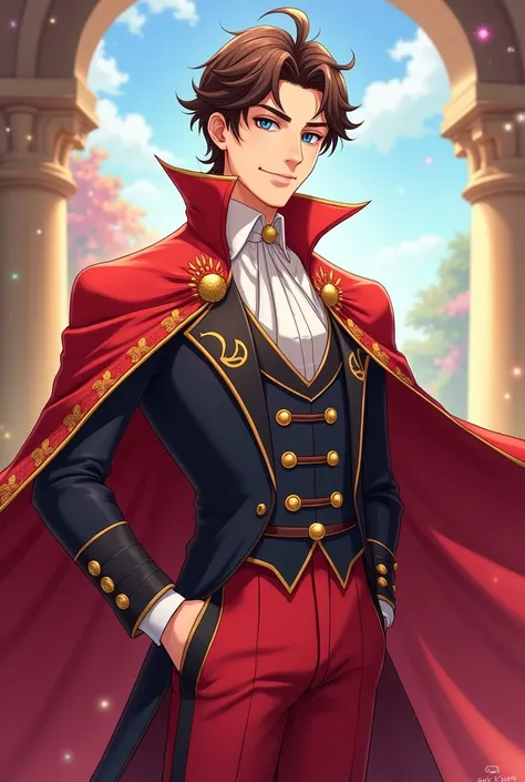 Handsome Prince in Elegant Red Clothes,    red pants, Red cape, brown hair, blue eyes, cheerful and kind character good, anime cartoon style 