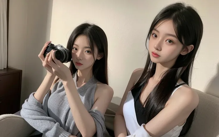 A photographer in Taiwan holds a camera，at motel，Taking photos of a hot 20-year-old female model