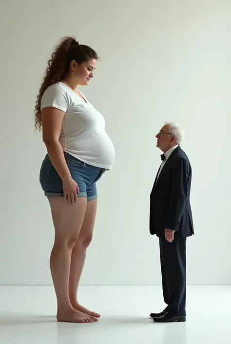 ((High definition, Masterpiece, 8k, Digital Photography, Digital Art, Giantess art)), ((Natural illumination)), contrast, white illumination, detail, ((A giant curvy american girl)), ((The giant girl is standing next to a tiny small man)), ((Shes wearing s...