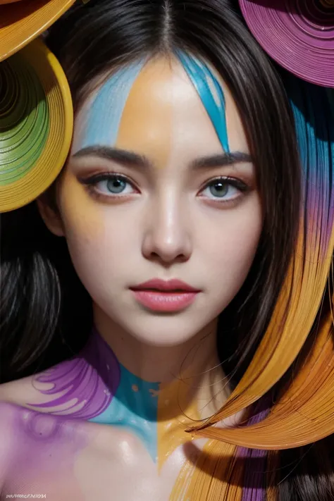 This macro close-up is a stunning example of artistic makeup and body painting. The Korean models face is completely transformed into a living canvas of bright colors and psychedelic designs. The base color is a deep purple, over which abstract shapes have...