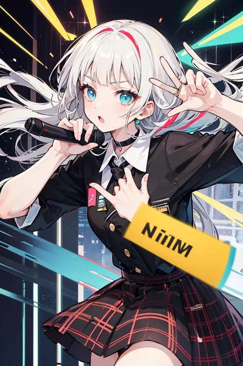 A solo idol girl with red gradient streak hair and  white hair, inspired by Lillie (Wakka), performing live on stage. She’s wearing  a plaid skirt, a choker, and a cyan sweater jacket over a collared shirt with a black plaid tie. Her sleeves cover her fing...