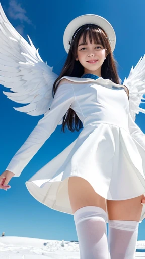 (masterpiece:1.3), (Absurd:1.3), (Best Quality:1.3), (Super detailed:1.3), snow, (((Snow Field))), whole body, Wave, smile, One girl, 渚-fi, halo, White Wings, Long sleeve, White Dress, Sailor collar, Capelet, White Skirt, Black Pantyhose, White high heels,...