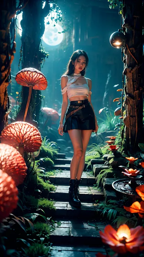 (Extreme Detail CG Unity 8K wallpaper, masterpiece, highest quality), (Exquisite lighting and shadow, highly dramatic picture, Cinematic lens effect), a caucasian girl with stylish dark hair in a elegant cyberpunk fashion skirt next to her very big very be...