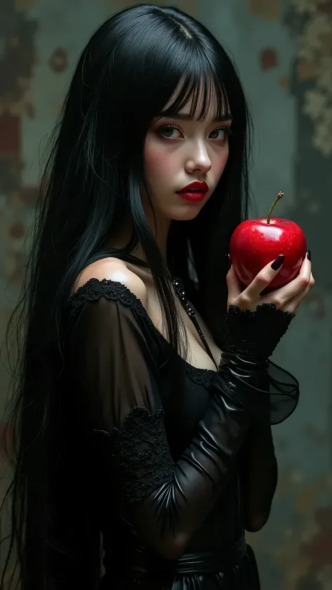 Girl,Black long hair，Black Queen，accessories，Apple in hand，Poison apples，Witch Queen，Red lipstick, black latex dress from behind