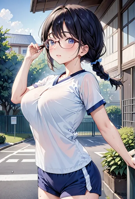 pretty girl、Large Breasts、g-cup、(white Plain collarless short-sleeved sportswear、Navy blue athletic shorts、Clothes stretching around the chest)、((Braided Pigtails)))、Black Hair、Small Ass、School、超High resolution, Textured skin, High resolution, masterpieceA...