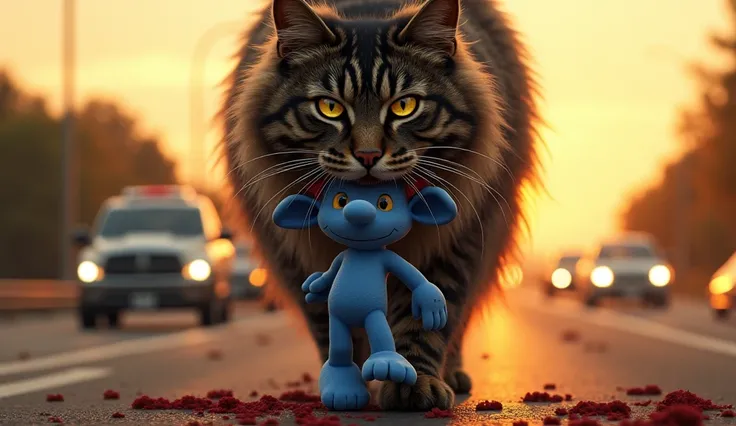 ultra realistic photo, big Maine Coon dark tabby cat with long hair furr, holding a  bloody dead blue smurf in his jaws , walking towards the camera on a highway full of passing cars at sunset 