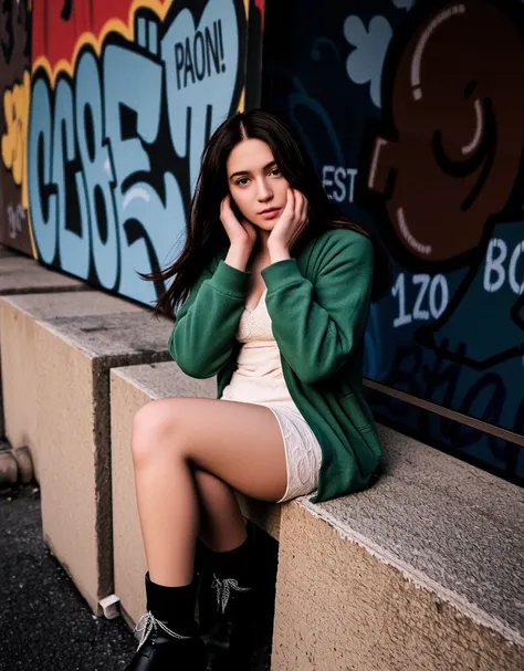 A cinematic film photo shoot in hongkong city street, shot on mamiya R67 with 35mm lens f-1.4, high angle shot from a young pretty JAV idol girl with moody expression and beautiful ayes, sitting and leaning on the concrete fence with graffiti art wall, han...