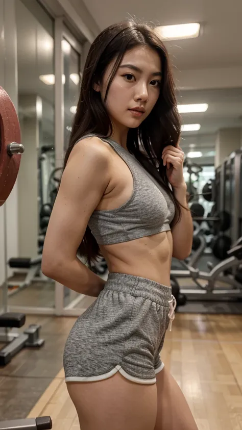 chinese girl, long hair, beautiful face, makeup, short pants, sexy, workout, gym