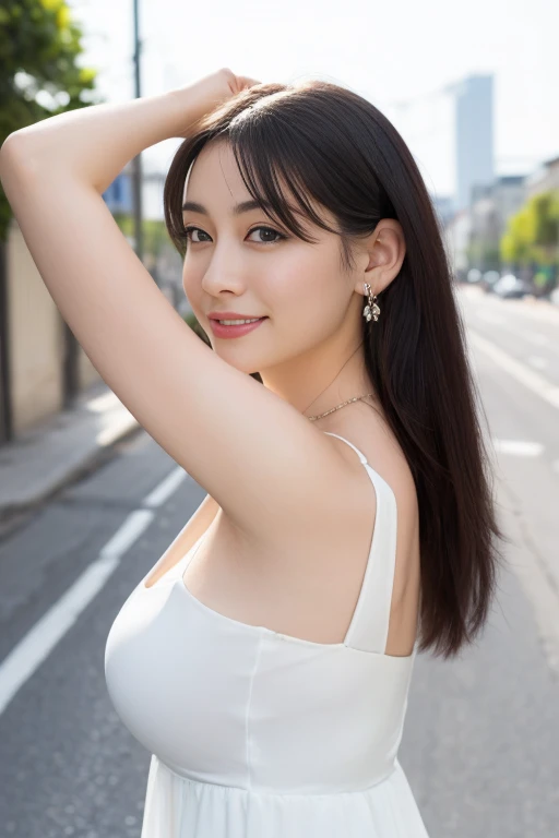 In 8K、超A high resolution、highest quality、table top 、(pretty big breasts、cleavage)(white dress:1.2)、in the street、black hair long straight、smile、big black eyes、lip gloss、necklace、white mule、(Please show me your armpits、Diagram drawn from the side:1.2)