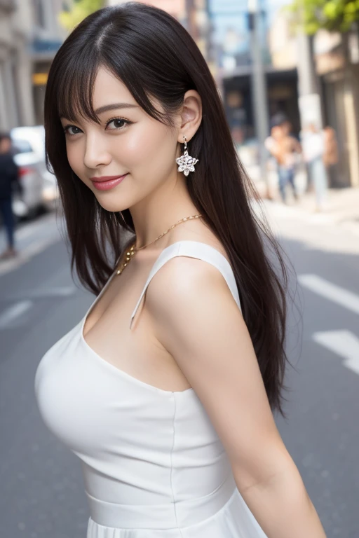 In 8K、超A high resolution、highest quality、table top 、(pretty big breasts、cleavage)(white dress:1.2)、in the street、black hair long straight、smile、big black eyes、lip gloss、necklace、white mule、(Please show me your armpits、Diagram drawn from the side:1.2)