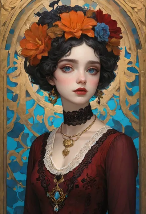 Create an Impressionist Painting Inspired by Jeffrey Torrance and James Christensen，A 20-year-old goth girl，Capturing introspective expressions and subtle emotions，A very unique and eclectic art style.The mix of abstract and figurative elements creates a v...