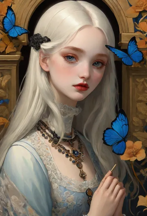 Create an Impressionist Painting Inspired by Jeffrey Torrance and James Christensen，A 20-year-old goth girl，Capturing introspective expressions and subtle emotions，A very unique and eclectic art style.The mix of abstract and figurative elements creates a v...