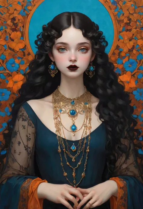 Create an Impressionist Painting Inspired by Jeffrey Torrance and James Christensen，A 20-year-old goth girl，Capturing introspective expressions and subtle emotions，A very unique and eclectic art style.The mix of abstract and figurative elements creates a v...