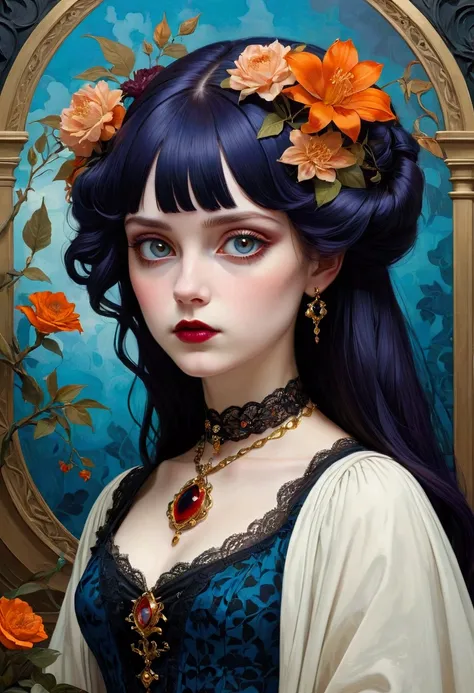 Create an Impressionist Painting Inspired by Jeffrey Torrance and James Christensen，A 20-year-old goth girl，Capturing introspective expressions and subtle emotions，A very unique and eclectic art style.The mix of abstract and figurative elements creates a v...