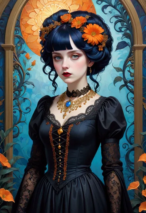 Create an Impressionist Painting Inspired by Jeffrey Torrance and James Christensen，A 20-year-old goth girl，Capturing introspective expressions and subtle emotions，A very unique and eclectic art style.The mix of abstract and figurative elements creates a v...