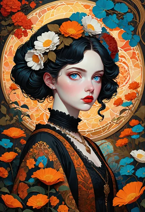 Inspired by Jeffrey Torrence and James Christensen，A 20-year-old goth girl，Capturing introspective expressions and subtle emotions，A very unique and eclectic art style.The mix of abstract and figurative elements creates a visually striking and imaginative ...