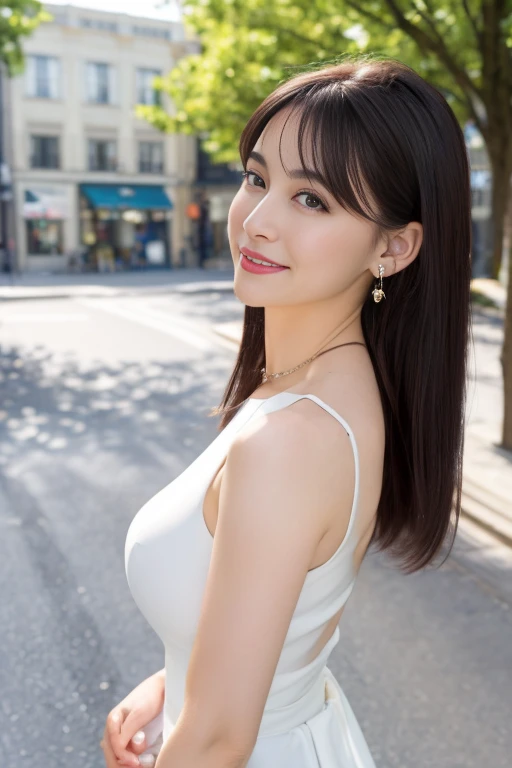 In 8K、超A high resolution、highest quality、table top 、(pretty big breasts、cleavage)(white dress:1.2)、in the street、black hair long straight、smile、big black eyes、lip gloss、necklace、white mule、(Please show me your armpits、Diagram drawn from the side:1.2)