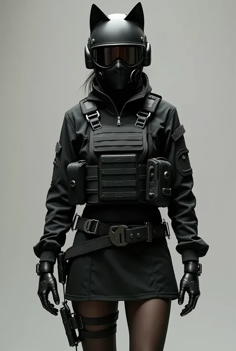 ;starts at the bottom and goes up Heels and stockings and on stockings knee pads black skirt, black jacket bulletproof vest black, which is used by special services, in a helmet with fabric cat ears on top, Female gender, in gloves with hand protection, ha...