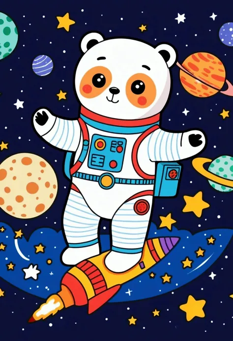 cartoon bear in space suit flying over a moon with stars, vector art, pixabay, toyism, in the starry sky, a panda in space, in o...