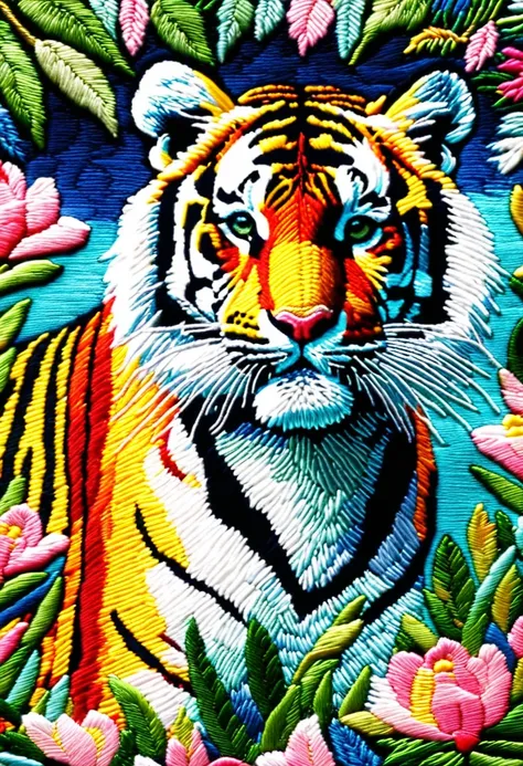 (masterpiece),best quality, ultra detailed, (Absurdres:1.2), cute embroidered tiger, 8k, pastel triadic colors