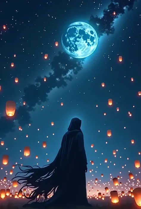 (Best Quality、Highest quality:1.3)、 (Photorealistic)、(Lantern Festival:1.5)、Countless lanterns floating in the sky、Blue Moon、Starry Sky、Endless clear sky、Milky Way Galaxy、Twinkling Stars々、Fantasy、There is no one、(A shadow like the Grim Reaper looking up at...