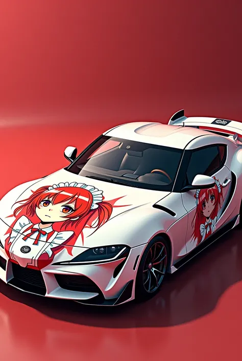 8k RAW Photos.A pop art drawing of an anime-style girl on the body of a white sports car、Sports cars have a stylish shape with a low center of gravity、All painted white、The whole body is covered with an anime-style drawing of a  with red hair and twin tail...