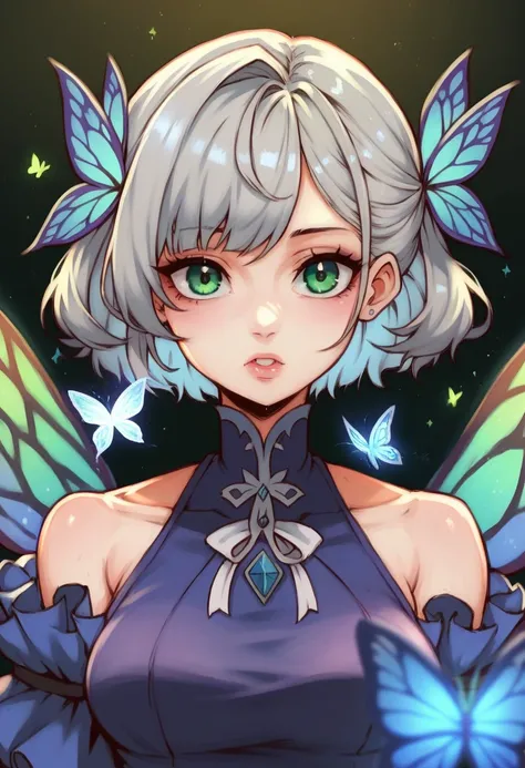 ((masterpiece)), (((best quality))), ((extremely detailed)), colorful, hdr, 1girl, solo, upper body, grey hair,green eye, luotianyi (xiachong),xiachong, black and purple dress, (blue butterfly), white butterfly wings