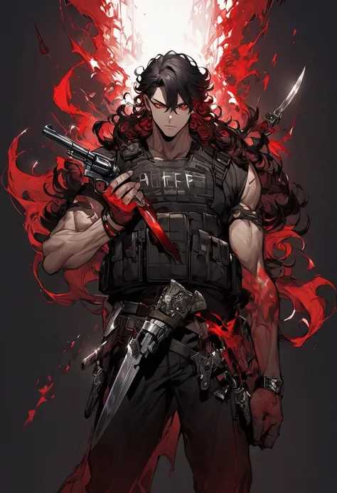 black man, black hair, fade cut with curly hair on top, red eyes, bulletproof vest, knives on his waist, revolver, a black metal bracelet on his left hand, a red aura, height of 1.68, average physique