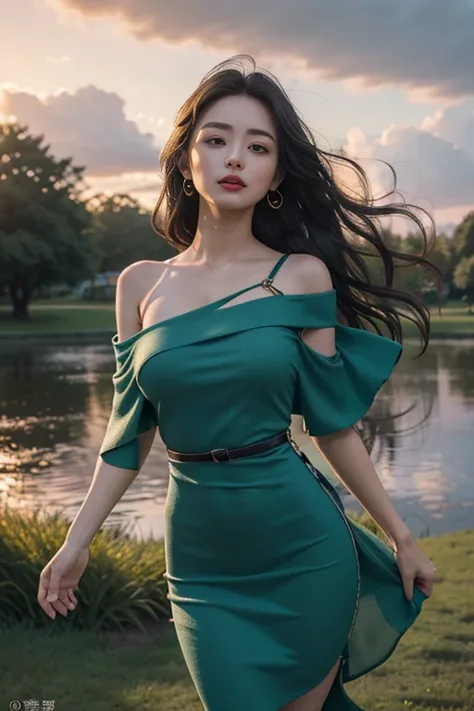 8k, masterpiece, 1 girl, beautiful face, very long hair, light makeup, detailed eyes, detailed lips, ((beautiful Curved figure)), (simple dress:1.4), green dress, (wearing jewellery), (strap:1.4), (bare shoulder:1.4), in the park, sunset, evening, blowing ...