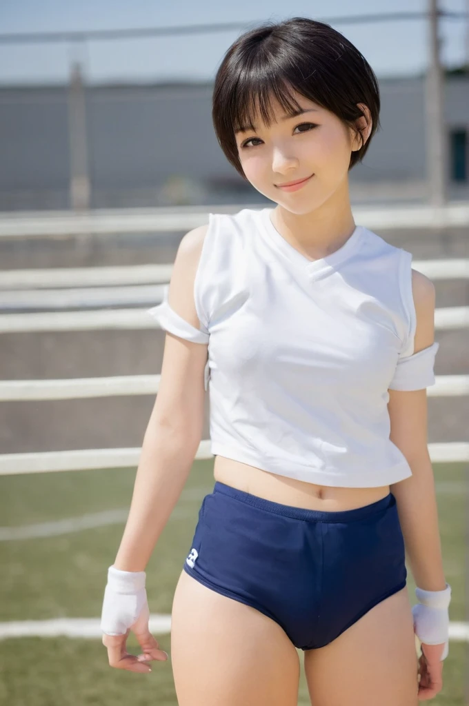 8k,Japanese,(Real),(photograph),(delicate),(Idol),(Short Hair),(A thoughtful smile),(((The upper body is wearing a plain white long gym uniform))),((The lower abdomen is covered with plain navy blue volleyball bloomers.)),((Short white ankle socks)),((Perf...