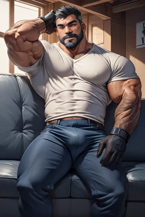 a mature korean male lounging on a couch, his hand using his smartphone and he raise his another arm behind his head, looking at his smartphone, tanned skin, wear a fitted v-neck t-shirt in navy with a police badge, navy blue jeans, black gloves, wet armpi...