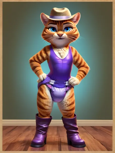 Puss in Boots, DreamWorks Animated, Leotard with Diaper underneath, ((Wearing a fedora hat)), 3:1 Hip to Leg ratio, Violet Boots, Blue Eyes