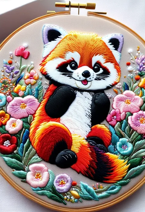 (masterpiece),best quality, ultra detailed, (Absurdres:1.2), cute embroidered red panda, 8k, pastel triadic colors